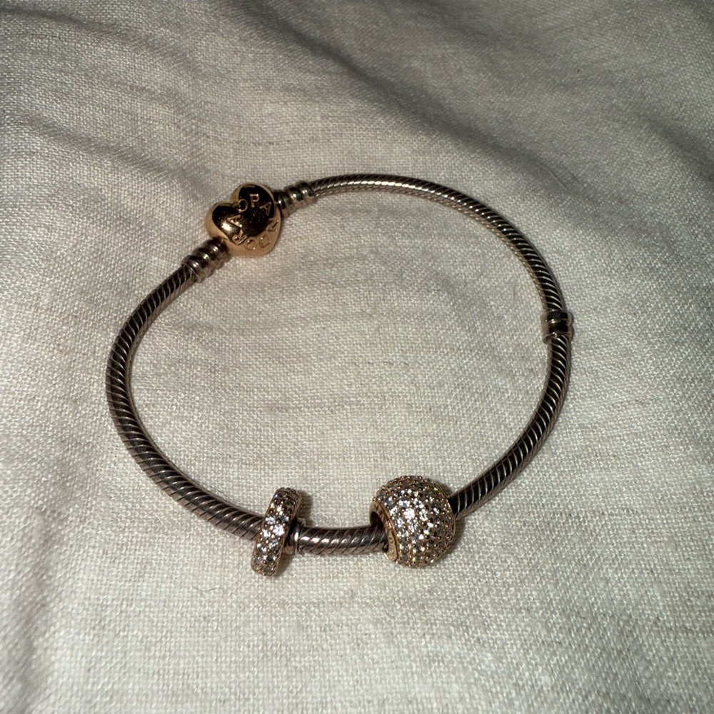 Pandora bracelet with two Swarovski crystal charms